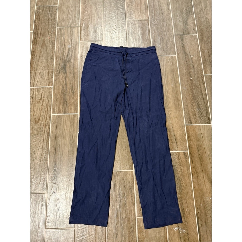 Greyson Elastic Waist Linen Blend Pants Sz L Navy Blue Straight